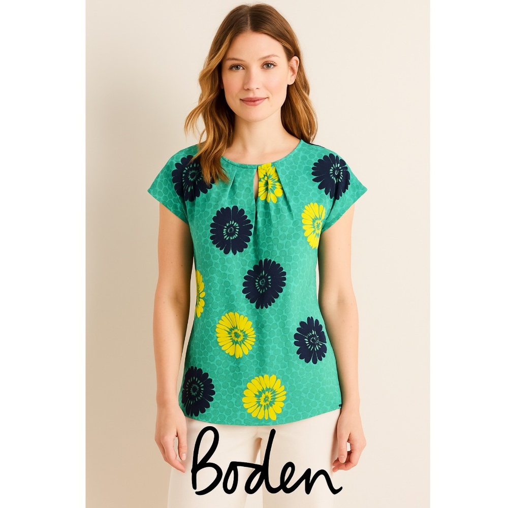 Boden Ravello Silk Blend Blouse Aqua Green Floral Print US 4